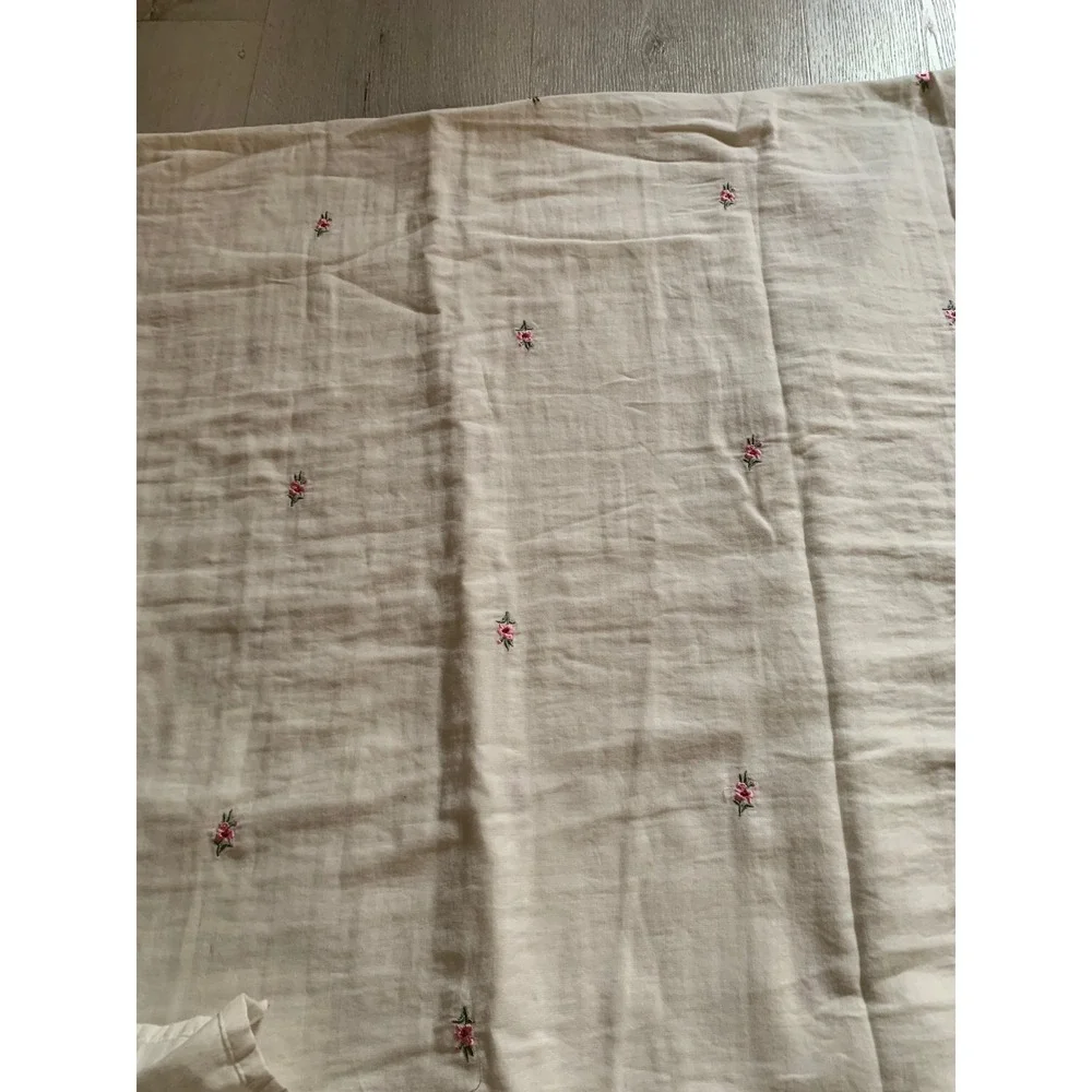 White Cotton Floral Embroidered Shower Curtain Pink Rosebud Cottagecore 70x75